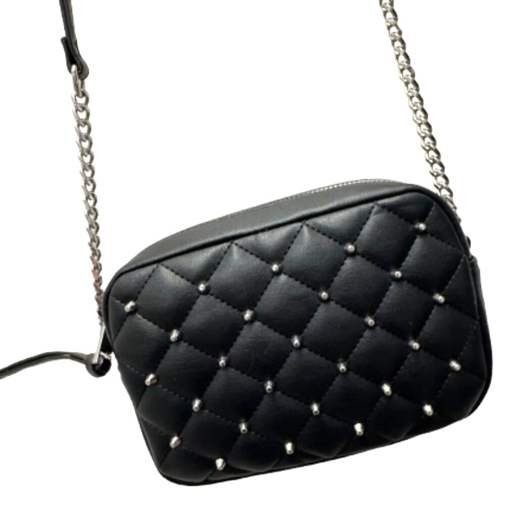 Rebecca Minkoff Black Diamond-Quilted Silver Tone Stud Faux Leather Bag Purse